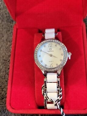 Thompson White Ceramic Link Watch with Crystal Bezel